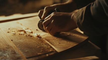 Carpenter cutting a wooden board with a circular saw. Featuring skill and precision