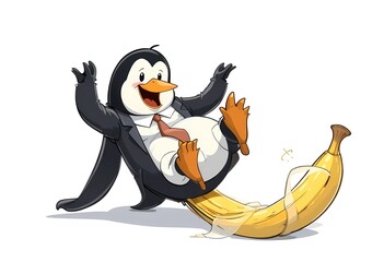 A penguin in a business suit slipping on a banana peel 