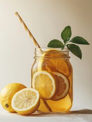 Fototapeta premium Refreshing lemon drink in a glass jar with lemon slices and mint, showcasing summer vibes and thirst-quenching appeal for beverages and recipes