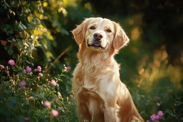 golden retriever portrait in lush garden summer sunlight impressionism