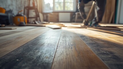 Flooring installer laying hardwood floors in a living room. Featuring attention to detail and skill