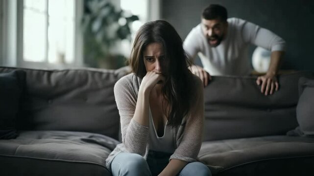 Aggressive Man Yelling at Scared Woman on Couch Domestic Violence