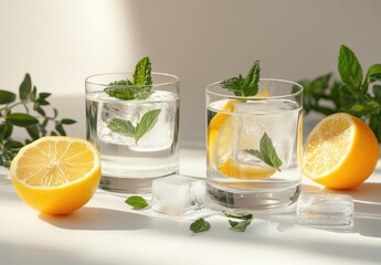 Fototapeta premium Refreshing Lemon Mint Drink in Glasses with Ice Cubes, Fresh Mint Leaves, Lemon Halves, and Natural Light Setting for Summer Vibes