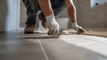 Fototapeta premium Flooring installer laying tiles in a bathroom. Featuring craftsmanship and precision