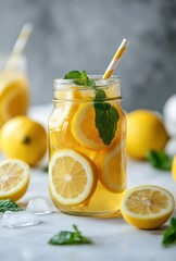 Fototapeta premium Refreshing Lemonade Drink with Mint Leaves, Slices of Lemon, and Ice on a Light Background for Summer Beverage or Healthy Lifestyle