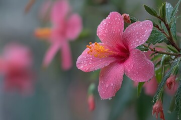 Pink hibiscus flower blooming with raindrops in a lush garden during springtime