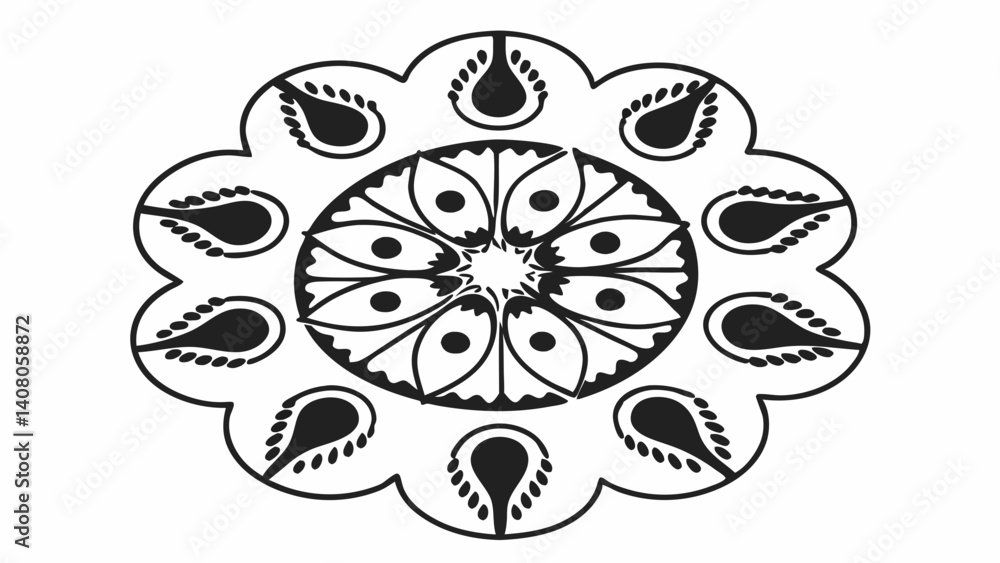 Poster black and white floral design with petal shapes surrounding a central circular pattern element desig