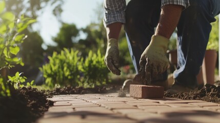 Hispanic mason constructing a brick garden path. Featuring masonry and garden landscaping