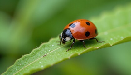 Bright Red Ladybug Crawling on Leaf Surrounded by Green Foliage in Nature
