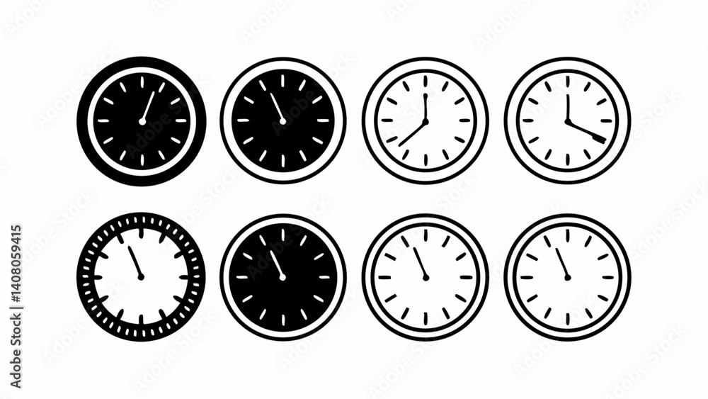 Poster collection of eight clock icons showing different times in black and white outline style design vect