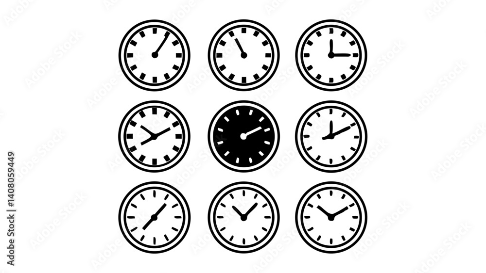 Poster nine clock faces arranged in a grid pattern showing different times with one clock face being blacke