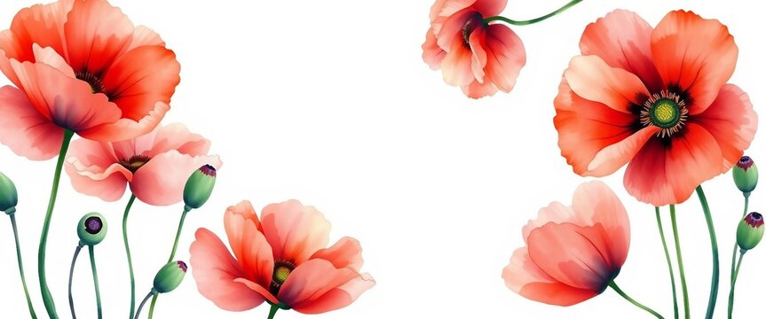 Leuchtend rote Mohnblumen im Aquarellstil auf wei&szlig;em Hintergrund &ndash; romantisch und verspielt, ideal f&uuml;r Karten, Poster oder Geschenkideen.