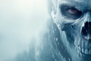 Skull with icy details and glowing red eyes creating a chilling atmosphere in a mysterious setting