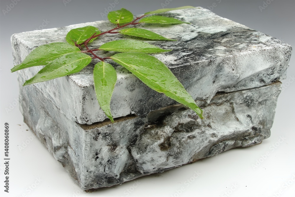 Poster artistic stone box display with green leaves on natural background close-up view decorative object c