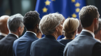 Obraz premium Group of anonymous politicians, EU flag front and center, unity in posture