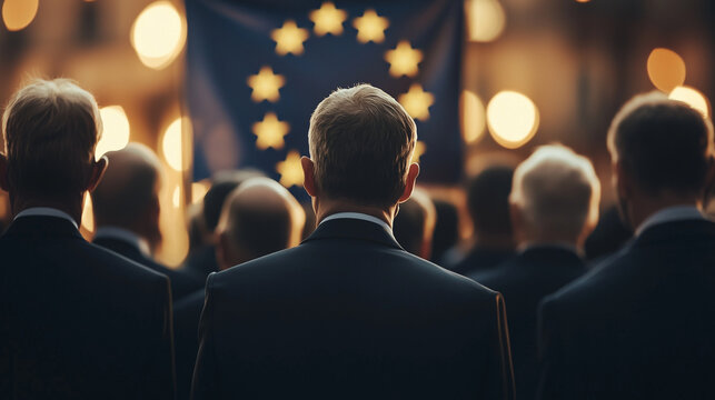 Blurred officials in line, staring at glowing EU flag, symbolizing shared vision