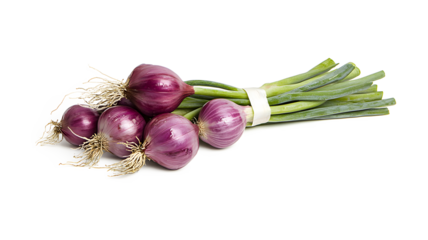 A bunch of onions is displayed on a white background. The onions are purple and are tied together