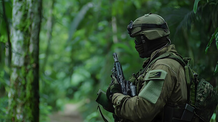 Naklejka premium Armed Soldier in Camouflage Gear Holding Rifle in Lush Green Forest During Daylight