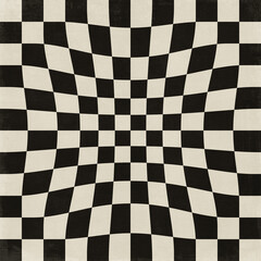 Black and white abstract optical illusion background with warped checkered pattern. Bold, dynamic geometric design ideal for op art, posters, wallpapers, modern art, and graphic design.