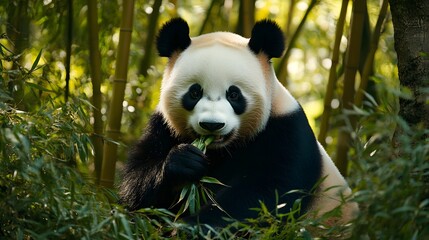Obraz premium Giant Panda Eating Bamboo: A majestic giant panda, with its characteristic black and white fur, sits amidst a lush bamboo forest, contentedly munching on fresh bamboo shoots.