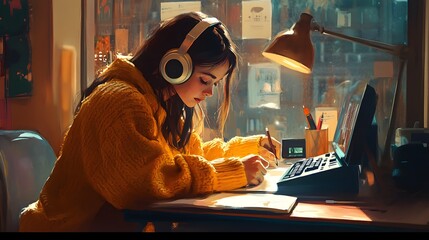 Creative Study Session: A focused woman, engrossed in her work at a desk, listens to music through headphones while studying. Surrounded by the comfort of a cozy room