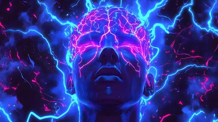 Brain and energy: A vivid illustration depicting the human brain illuminated by dynamic energy, representing intelligence, thought, and the boundless power of the mind.