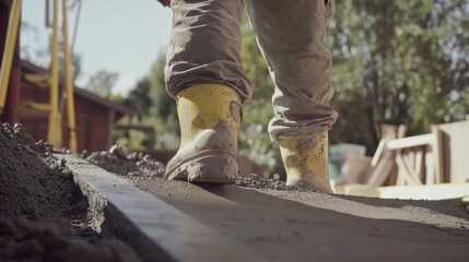 Hispanic mason constructing a concrete driveway. Featuring masonry and construction