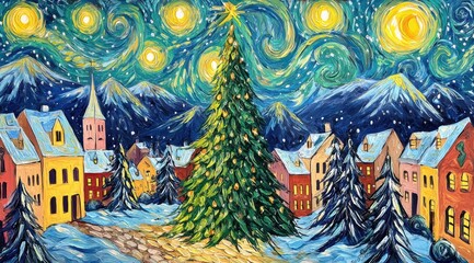 Obraz premium Christmas tree and village at night with starry sky and festive lights, impressionist winter landscape illustration