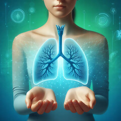 A human lungs between two palms of a woman on  blue and green background. The concept of a healthy lungs.