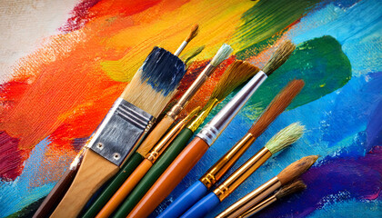 various paint brushes on painted canvas