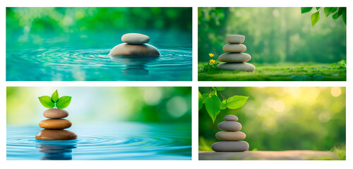 Balanced zen stones with green leaves on water and grass in natural light for wellness blogs, spa websites, eco-friendly branding, relaxation posters, meditation apps, and harmony-themed visuals