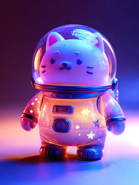Blind box character: astronaut cat wearing transparent helmet, chubby body with star patterns, soft gradient lighting