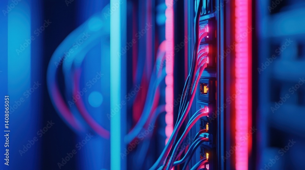 Poster close-up view of illuminated server racks showcasing vibrant cables and technology in action