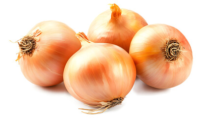 Four large onions are piled on top of each other. The onions are all different sizes and are all facing the same direction