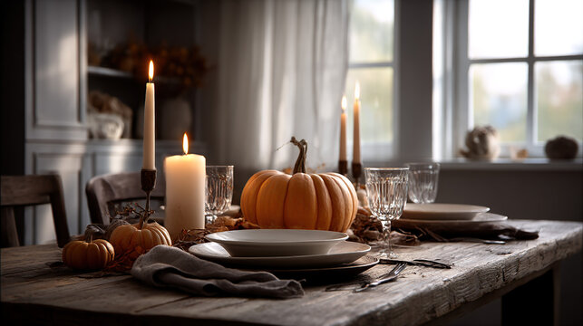 Cozy Thanksgiving table setting with pumpkin centerpiece, rustic wooden table, candlelight glow, warm autumn tones