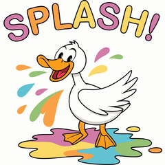 Duck splashing in colorful puddles