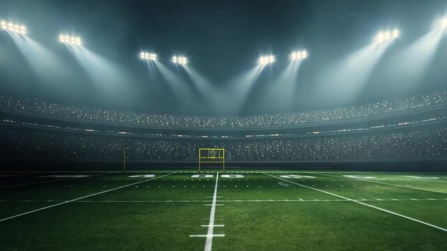 Night Stadium: A perspective view of a vast, illuminated stadium. The green field stretches out, and a single goalpost stands at the far end, captured in a high-angle shot.