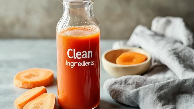 Fresh carrot juice in bottle with clean ingredients label