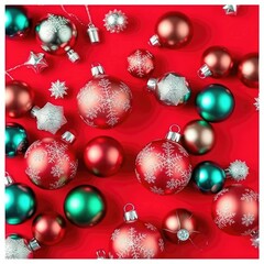 Obraz premium Christmas ornaments scattered across a bright red background, red, decor, festive