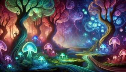 Obraz premium Glowing mushrooms growing in a fantasy forest with colorful surreal trees