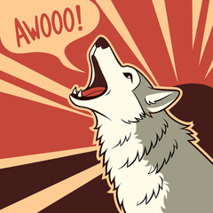 Happy husky howling with text bubble “AWOOO!”