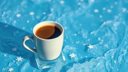 Fototapeta premium Coffee cup on icy blue background with snowflakes, minimalist, cold, icy