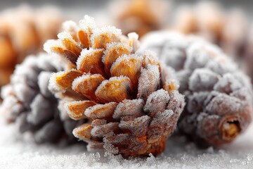 Pine cones covered in frost during winter in a snowy landscape capturing nature's beauty