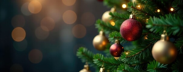 Decorated evergreen branch with ornaments and lights on a Christmas background, xmas, festive