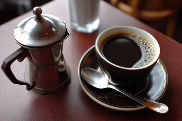Freshly brewed black coffee sits in a cup on a wooden table, accompanied by a metal pot and a glass of water, creating a cozy atmosphere