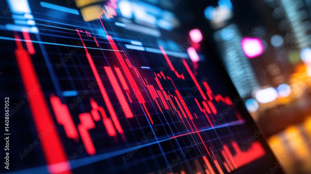 Poster close-up view of a digital stock market graph displaying fluctuating prices and trends