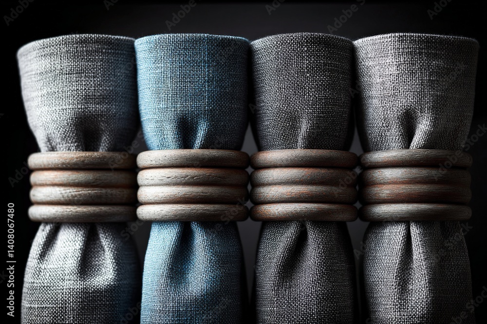 Poster elegant fabric napkin rings displayed in various colors against a dark background in a stylish setti