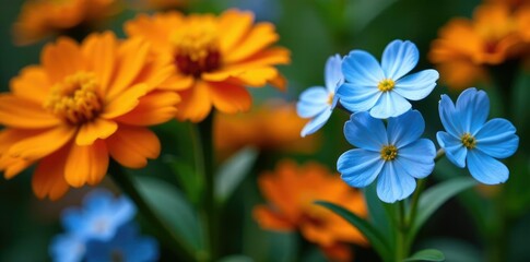 Fototapeta premium Delicate blue forget me nots are nestled among clusters of bright orange zinnias, petals, nature, focus