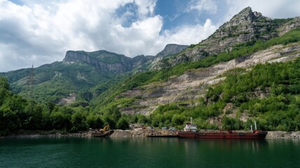 A peaceful river scene with rusted boats moored along the shore, surrounded by lush green trees and steep rocky mountain slopes under a bright cloudy sky