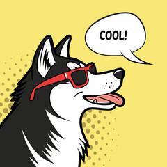 Pop art style Siberian Husky with sunglasses and tongue out